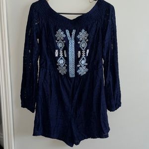 Navy Lace Off Shoulder Long Sleeve Romper